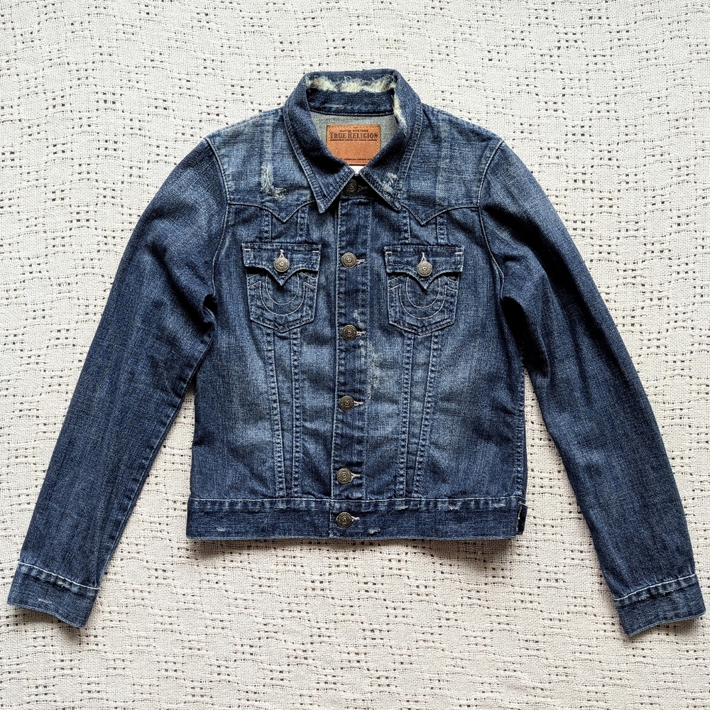 True Religion JIMMY Distressed Jean Denim Trucker Jacket Dark Blue Women's  L